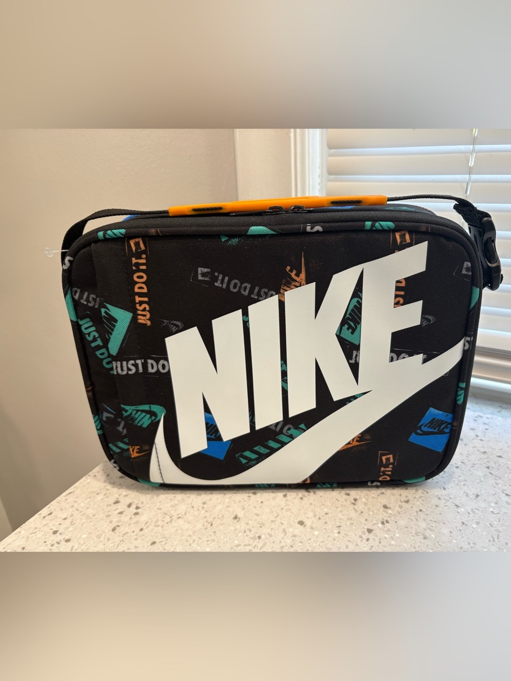 NWOT Nike Black/Multi Color Hard Shell Lunch Box White Logo Teal/Orange Accents